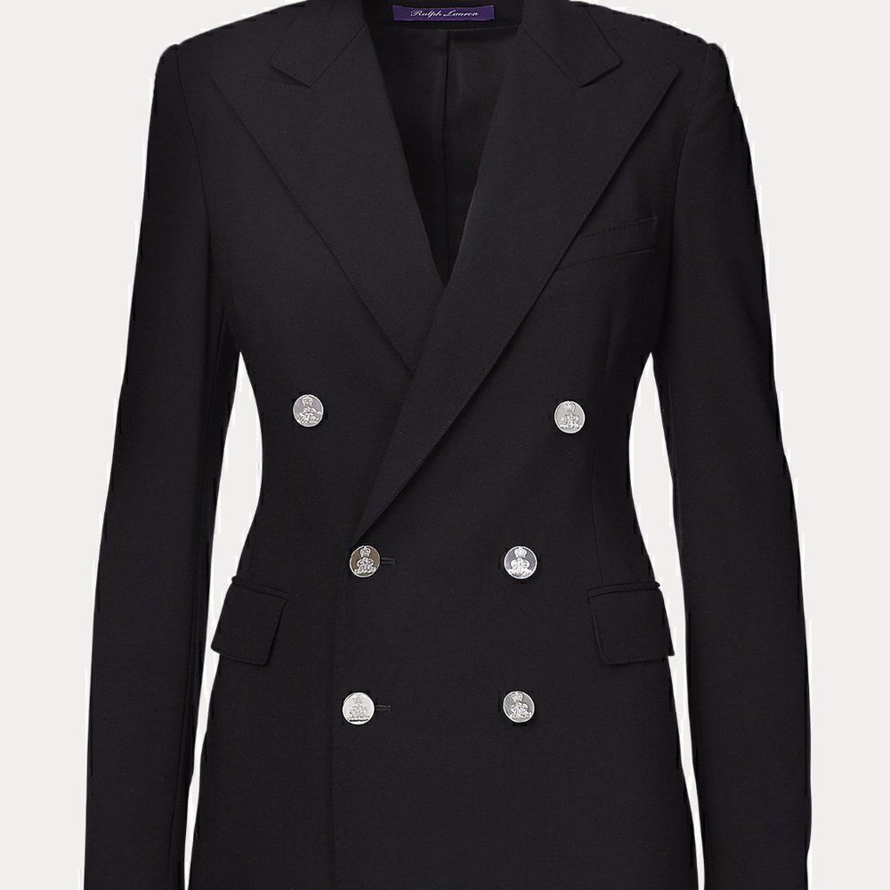 Ralph Lauren Black Wool-Blend Double Breasted Silver Crest Button Camden Blazer